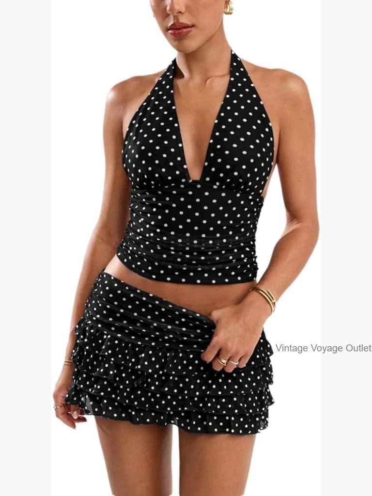 Polka Dot Halter Top And Ruffle Skirt Set, Size Medium, Polyester Spandex